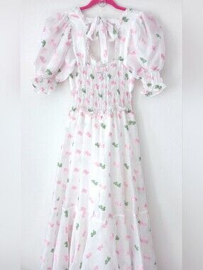 SISTER JANE Smocked PINK BOW Puff Sleeve Midi Jacquard Cottegecore DRESS Size S